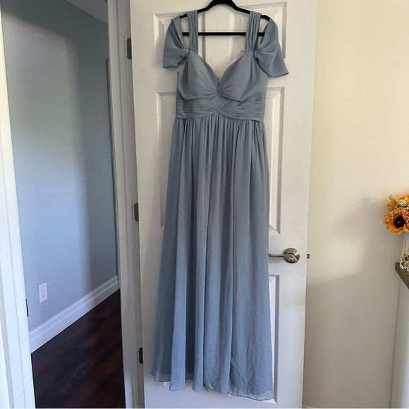 Size 12 Azazie Lianne A-Line Off the Shoulder Chiffon Dress - Twilight Color - Picture 5 of 12
